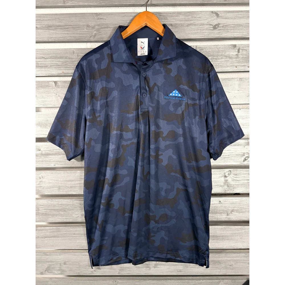 Puma Golf Volition America Polo Shirt Mens Large Navy Blue Camo Folds of Honor